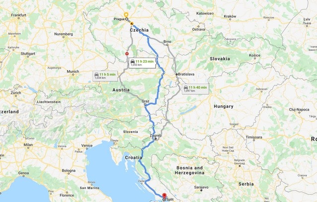 Mapa cesty do Chorvatska